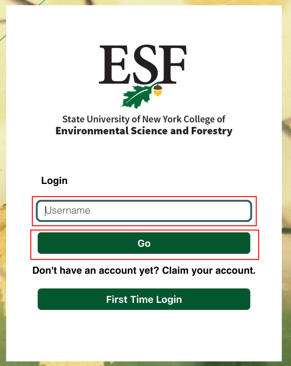 picture of a login screen asking for your ESF username and highlighting the Go button