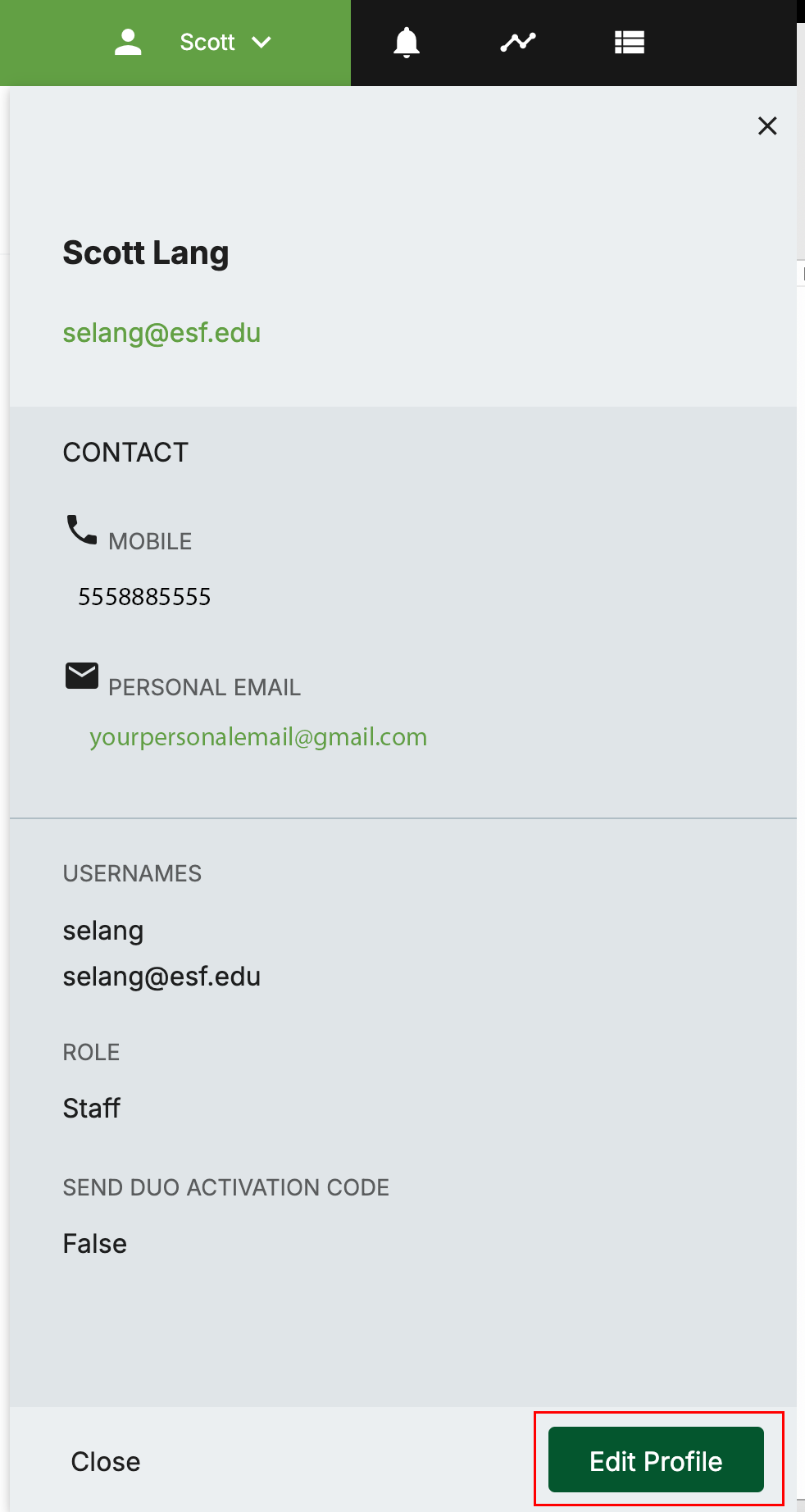 your profile details, at bottom, edit profile button highlighted