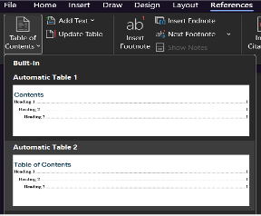 Screen shot depicting References tab, Table of Contents pane in Microsoft Word.
