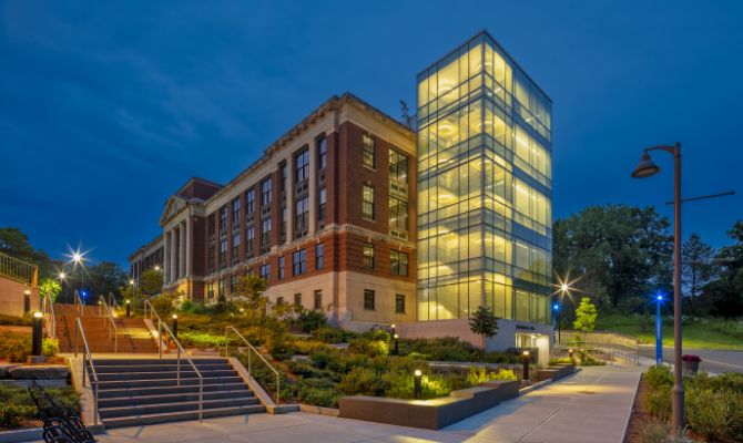 Exterior of Marshall Hall at night looking from the Gateway Center