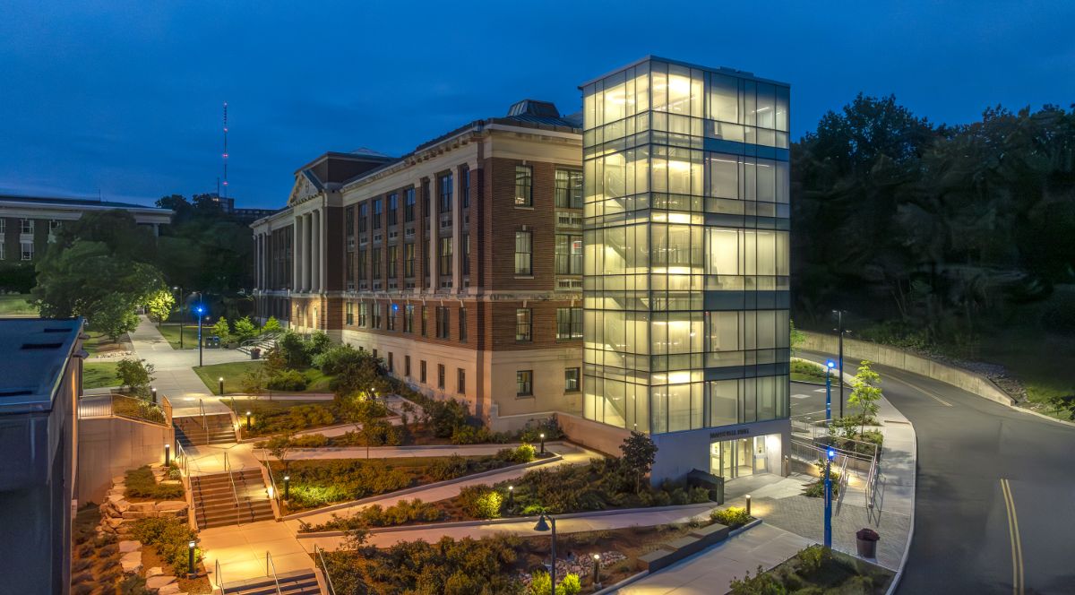 Marshall Hall at night looking from corner of Gateway Center