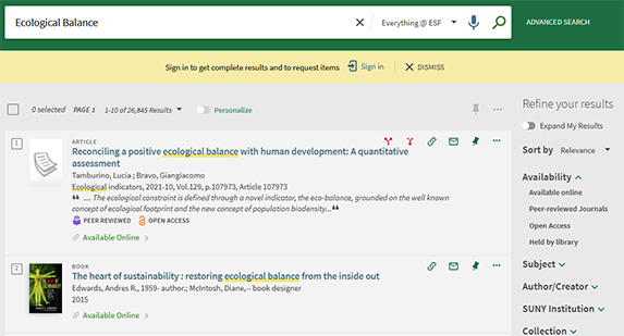 screenshot of search result in library database