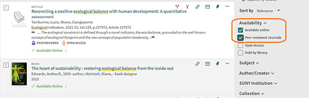 screenshot of library database Primo window