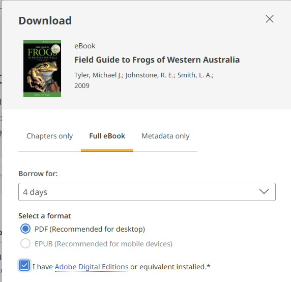 screenshot of download formats for ebooks in library