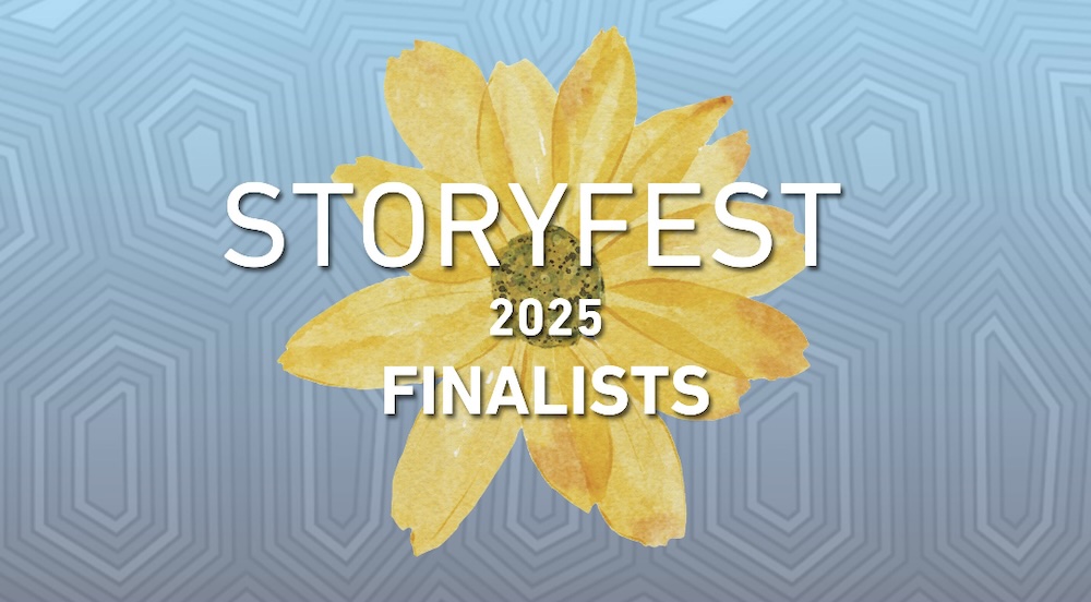 Yellow flower on blue-patterned background. Words Storyfest 2025 Finalists over flower.