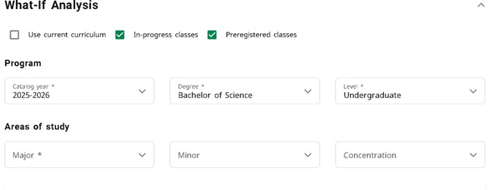 Screen shot of Degree works showing What if Analysis
