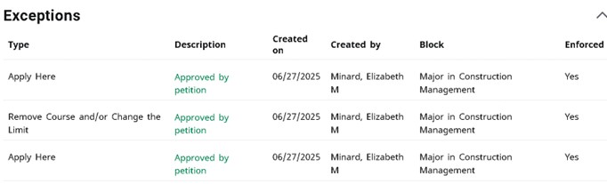 Screenshot of Degree works displaying changes made by Registrar's office